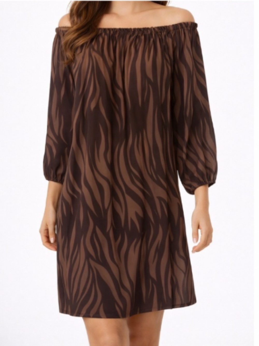 Michael Kors 2-Tone Brown On or Off The Shoulder Mini Dress Long Sleeve Sz XS - Picture 1 of 6